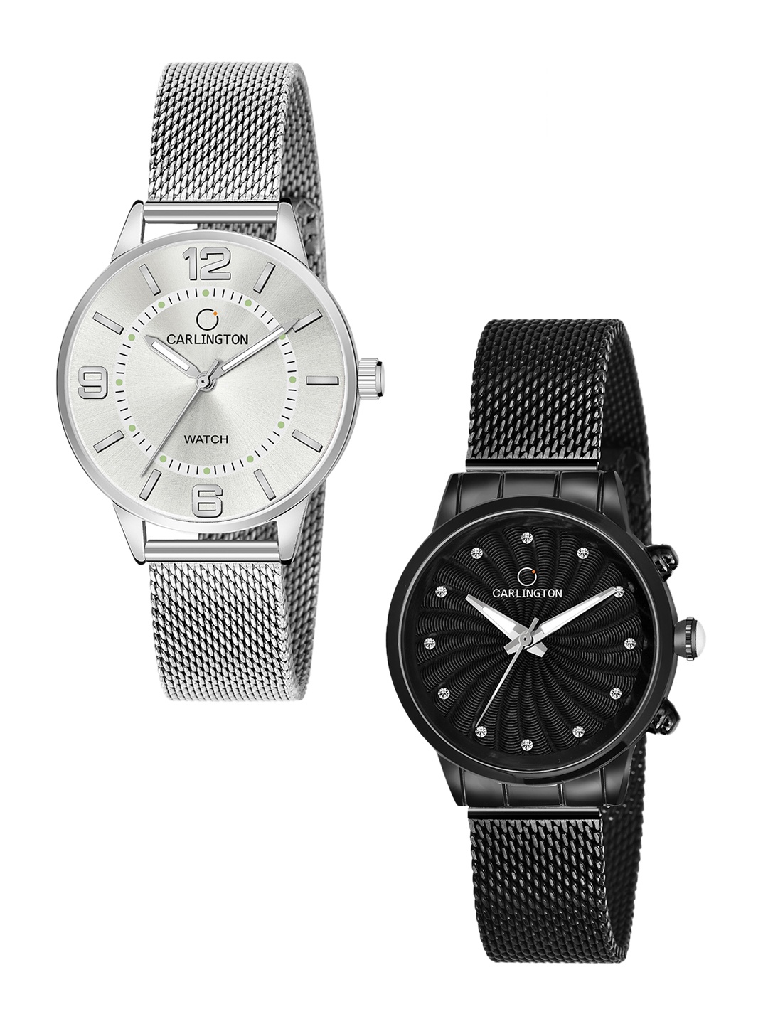 

CARLINGTON Women Pack of 2 Stainless Steel Bracelet Style Analogue Watch, Silver