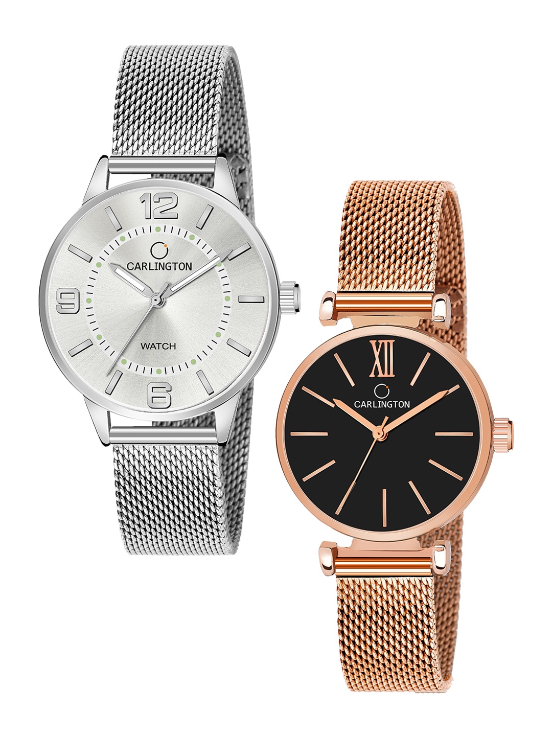 

CARLINGTON Women Pack Of 2 Stainless Steel Bracelet Style Straps Analogue Watches CT2002, Silver