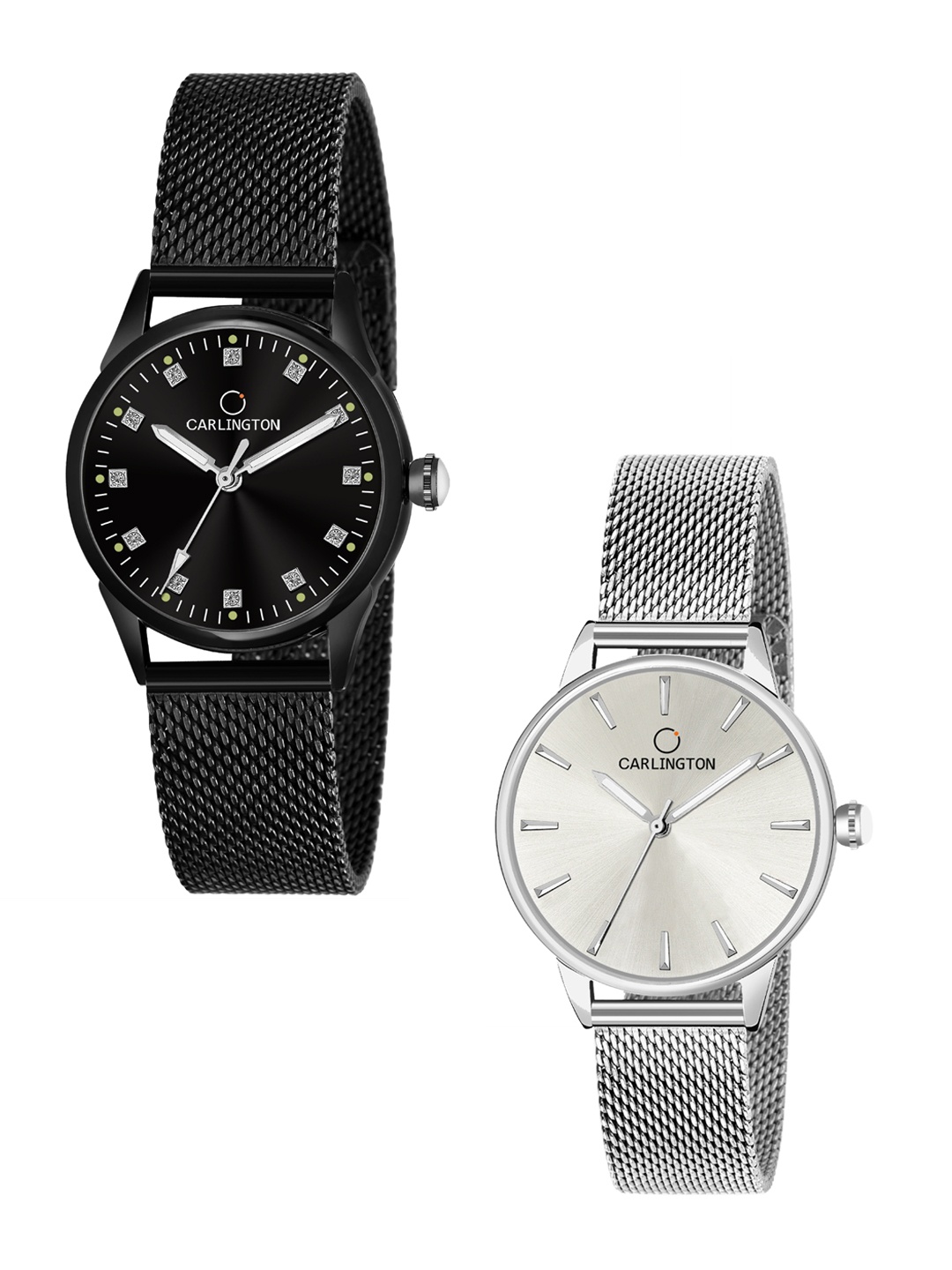 

CARLINGTON Woman Combo of 2 Black & Silver Bracelet Style Straps Watch