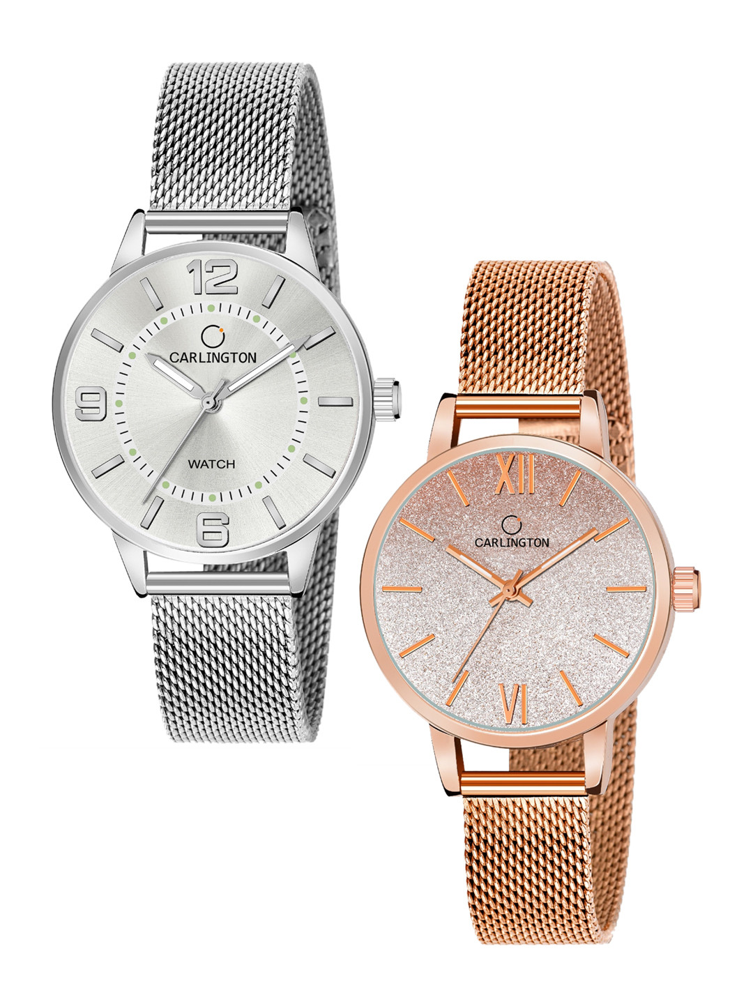 

CARLINGTON Women Pack of 2 Stainless Steel Bracelet Style Analogue Watch, Silver
