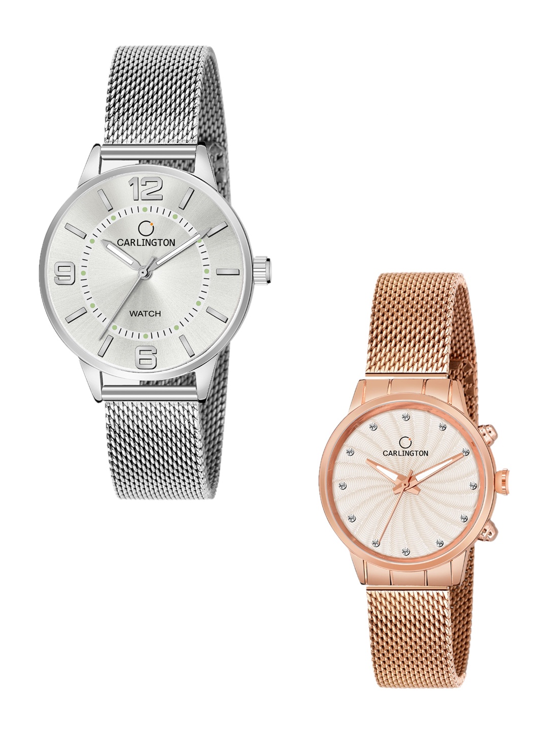 

CARLINGTON Women Pack of 2 Stainless Steel Bracelet Style Analogue Watch, Silver