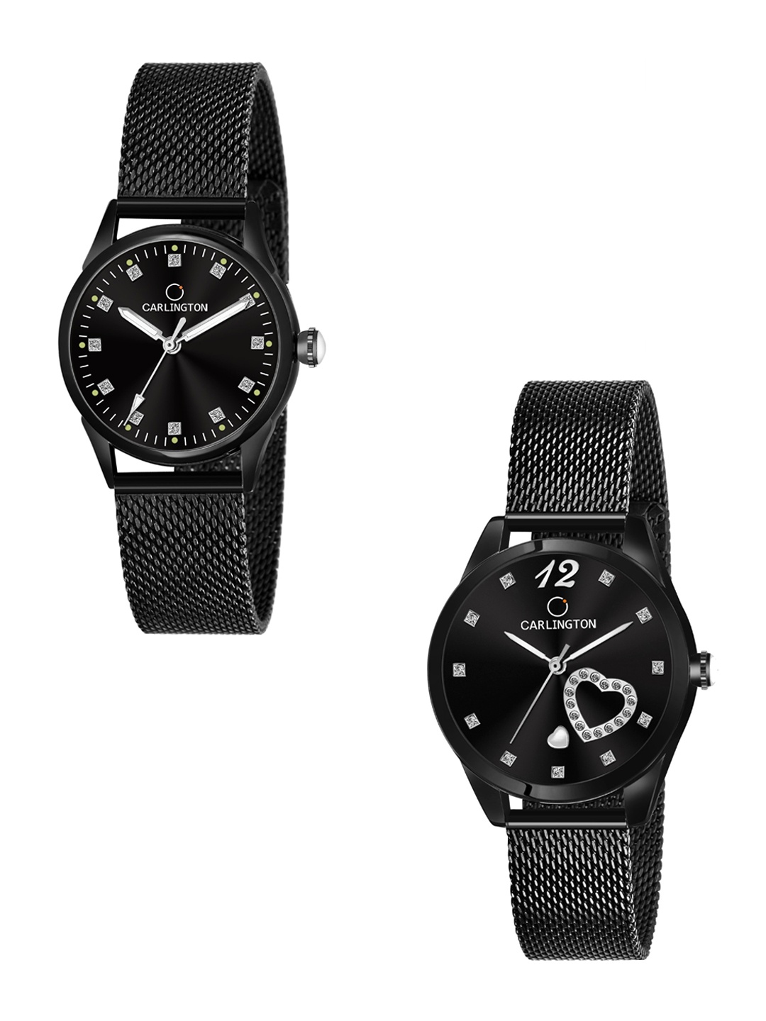 

CARLINGTON Women Pack Of 2 Stainless Steel Bracelet Style Straps Analogue Watches CT2003, Black