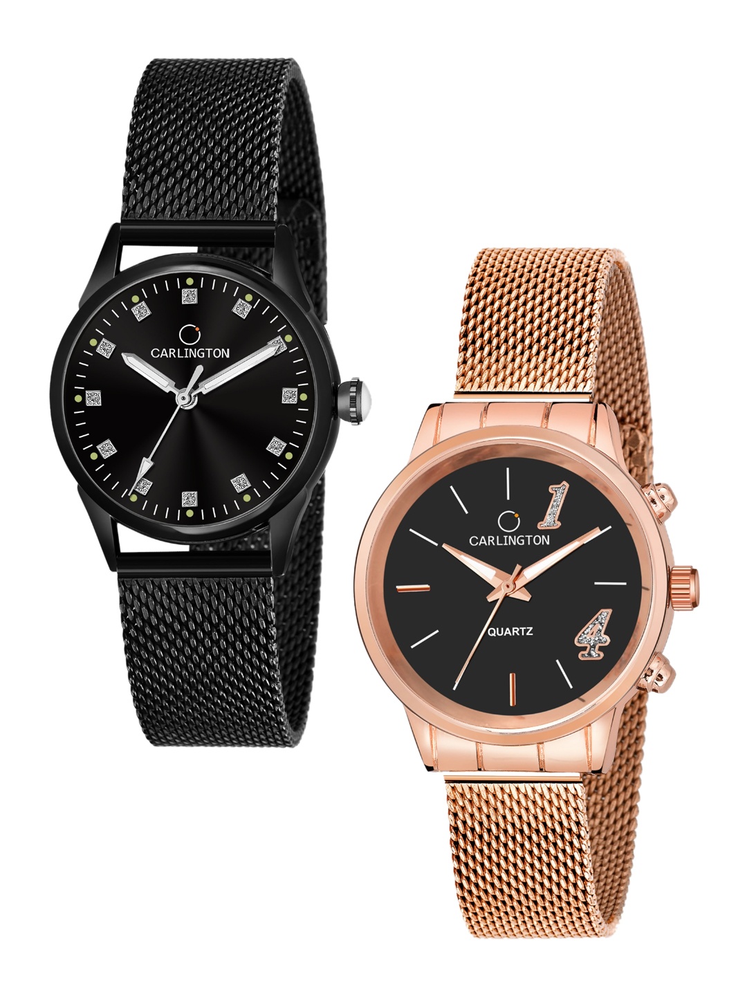 

CARLINGTON Women Pack of 2 Black Stainless Steel Bracelet Style Straps Watch