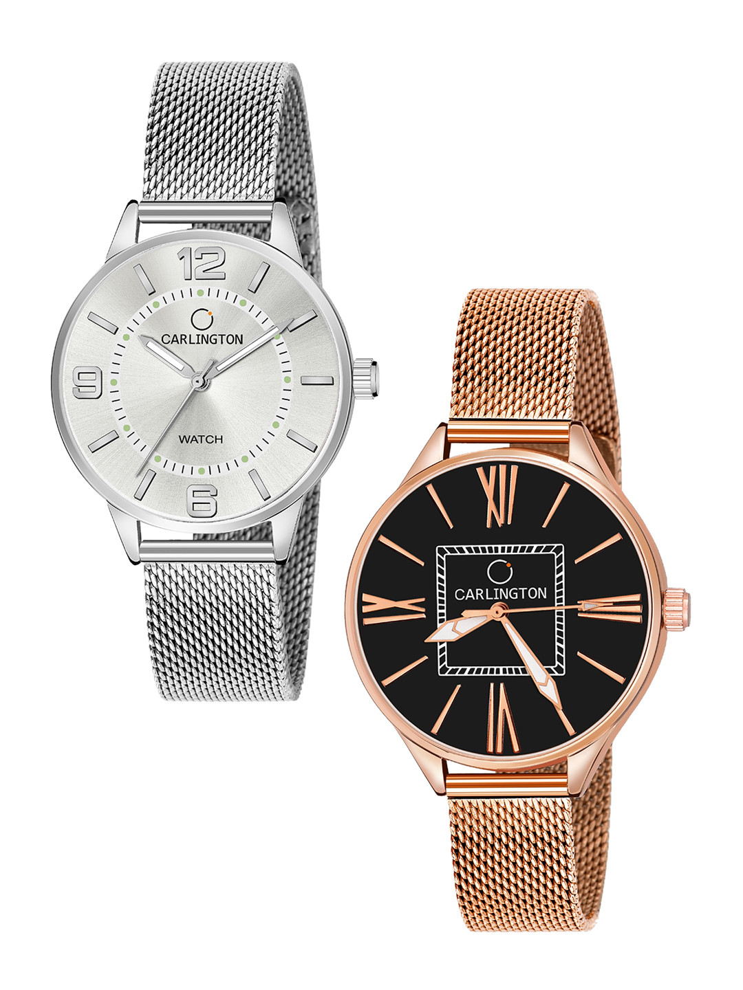 

CARLINGTON Women Pack of 2 Stainless Steel Bracelet Style Analogue Watch, Silver