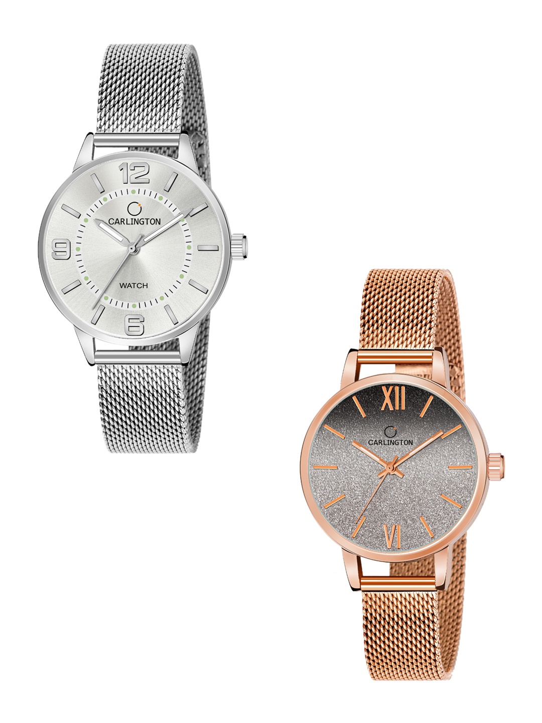 

CARLINGTON Women Set Of 2 Black & Grey Analogue Watch CT2002 CT2018, Silver