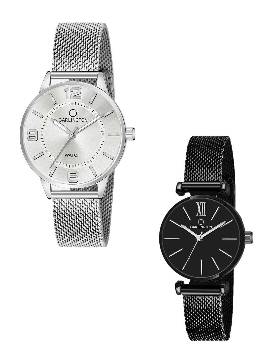 

CARLINGTON Women Set Of 2 Multicoloured Dial & Stainless Steel Bracelet Analogue Watch CT2002 Silver-CT2016 Black, Multi