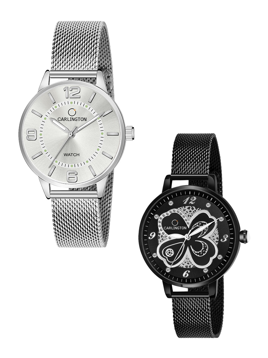 

CARLINGTON Women Pack Of 2 Stainless Steel Bracelet Style Straps Analogue Watches CT2002, Silver