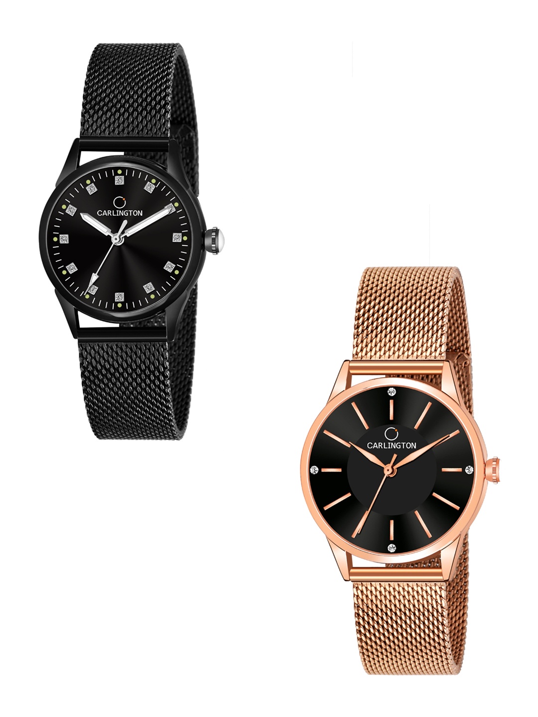 

CARLINGTON Women Pack of 2 Black Stainless Steel Bracelet Style Straps Watches