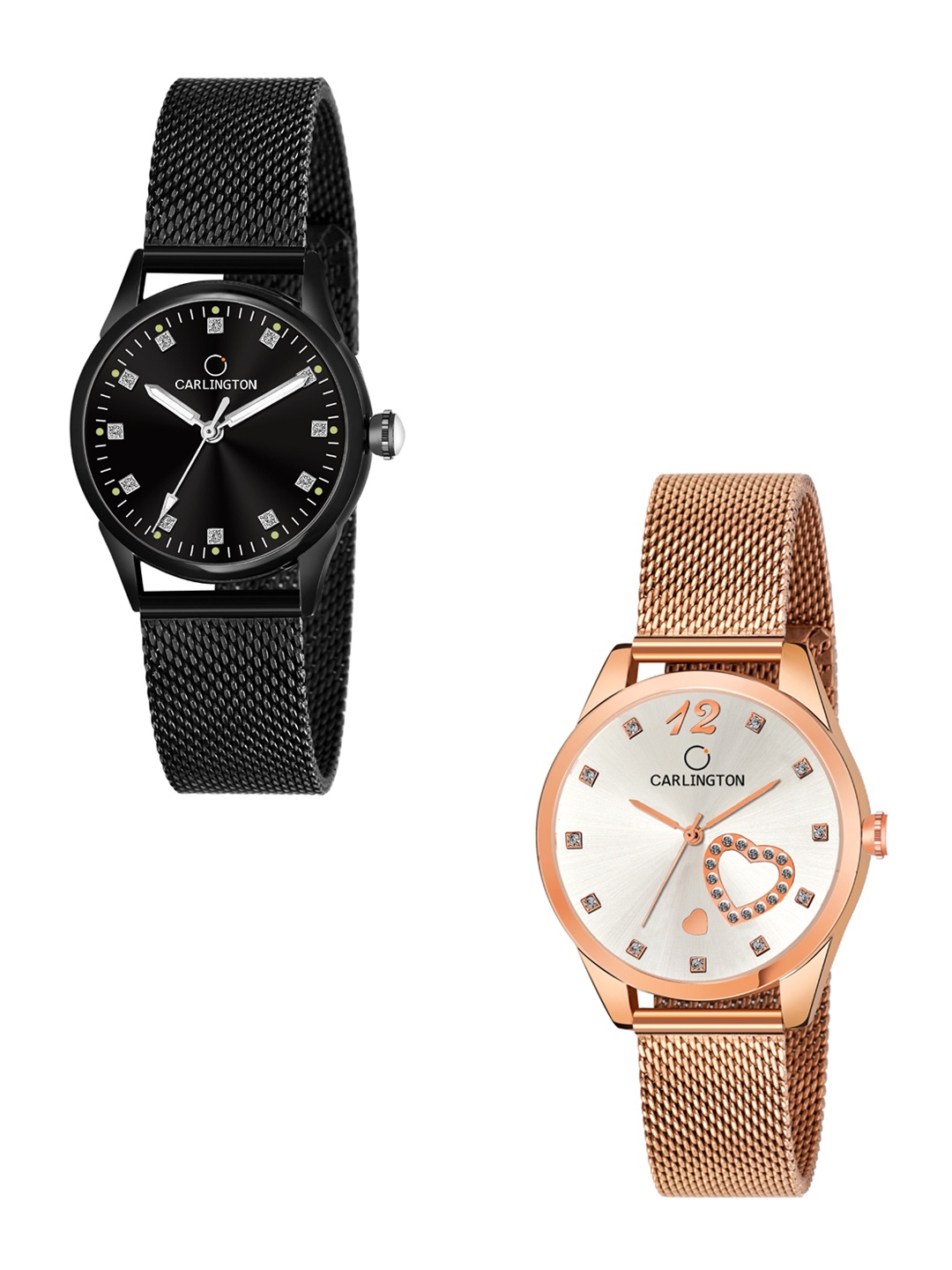 

CARLINGTON Women Set Of 2 Multicoloured Dial & Stainless Steel Bracelet Analogue Watch CT2003 Black-CT2006 Rose, Multi