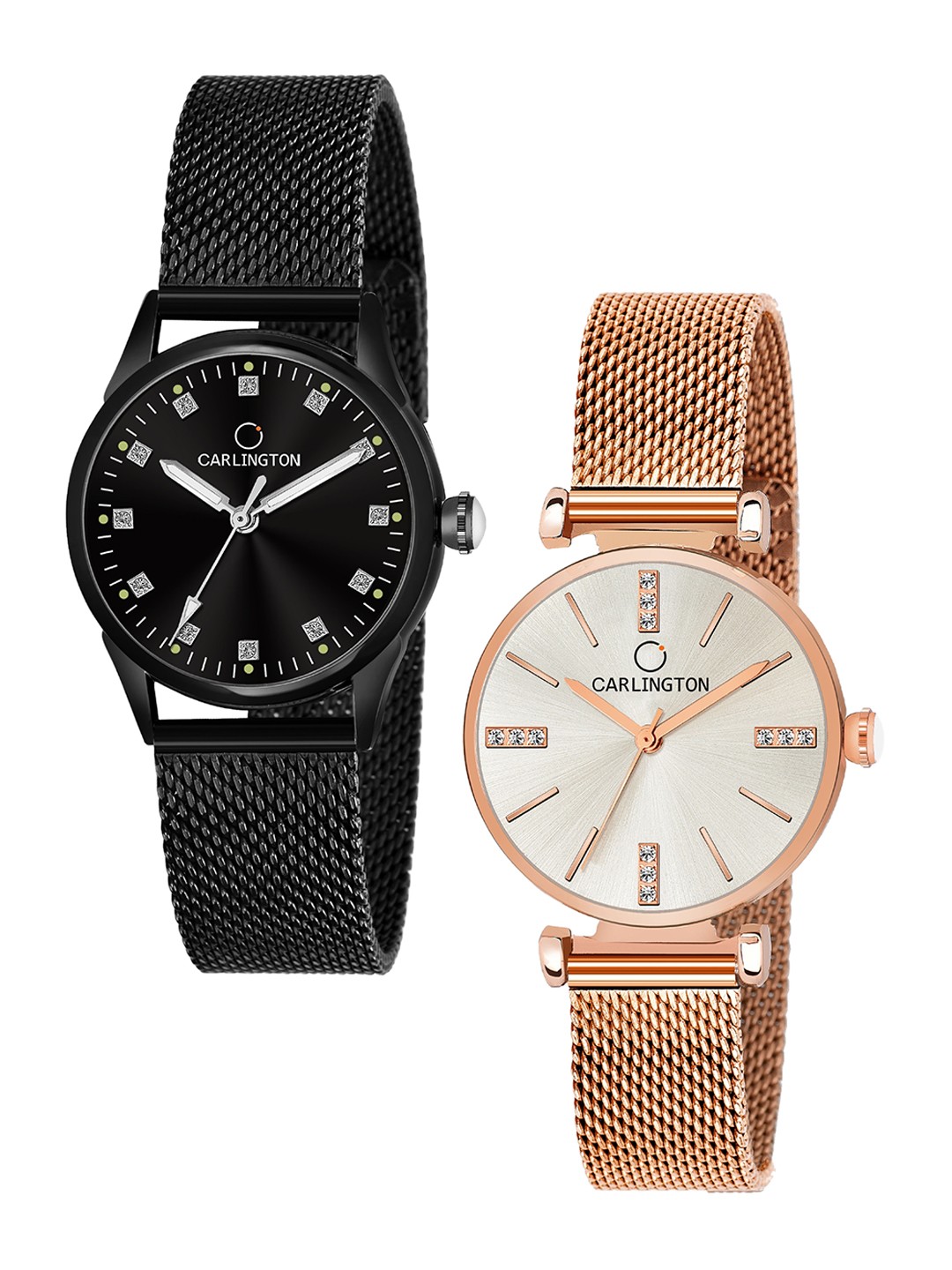 

CARLINGTON Women Pack Of 2 Stainless Steel Bracelet Style Straps Analogue Watches CT2003, Black