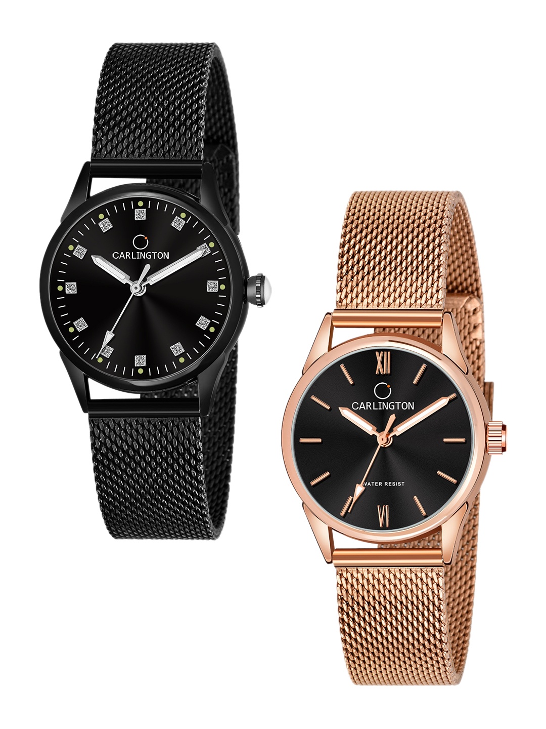 

CARLINGTON Women Set of 2 Black Stainless Steel Bracelet Style Straps Watches