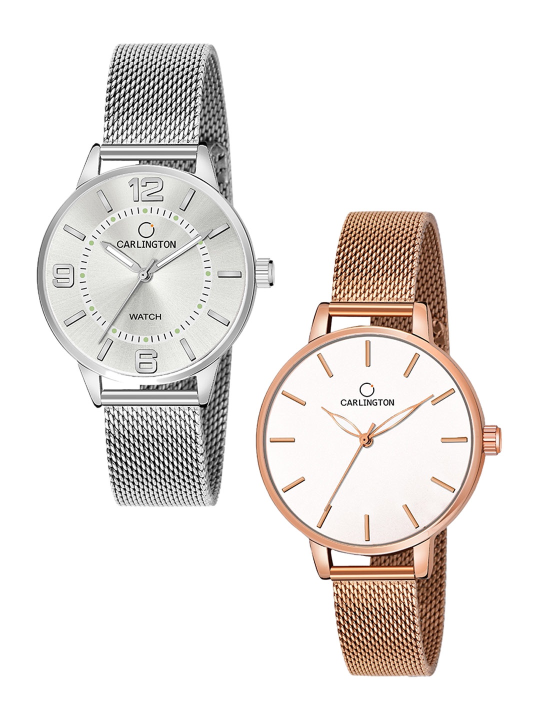 

CARLINGTON Woman Combo of 2 Silver & Rose Gold Bracelet Style Straps Watch