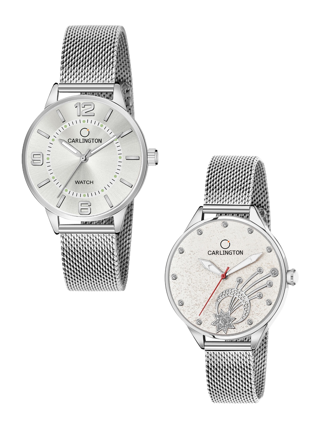 

CARLINGTON Women Pack of 2 Stainless Steel Bracelet Style Analogue Watch, Silver