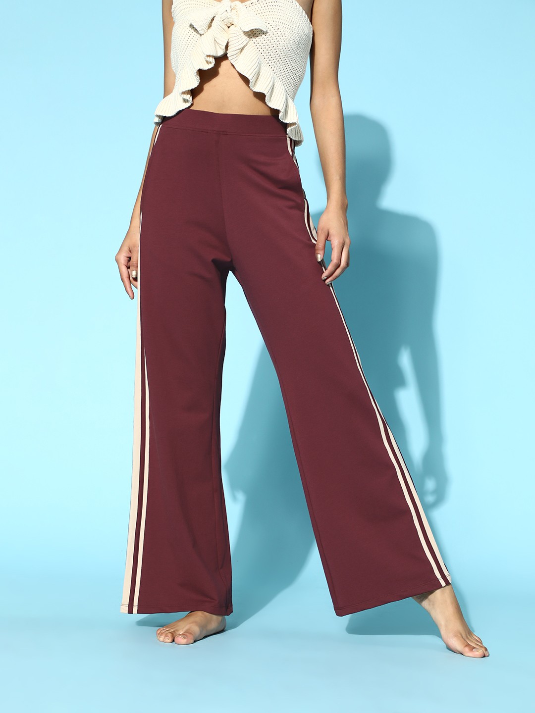 

ANWAIND Women Deep Burgundy Striped Kick Flared Lounge Pants