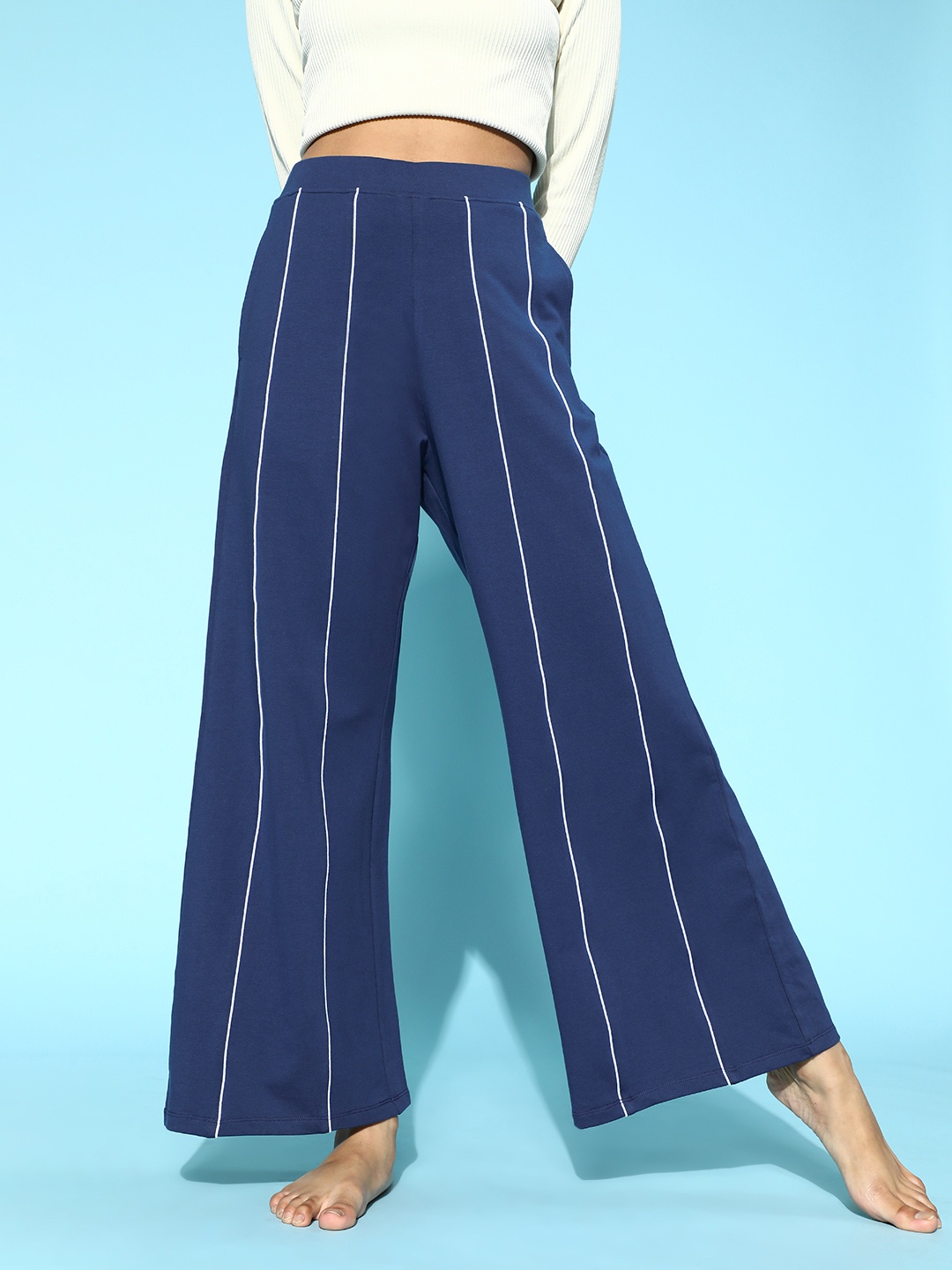 

ANWAIND Women Deep Navy Blue Striped Kick Flared Lounge Pants