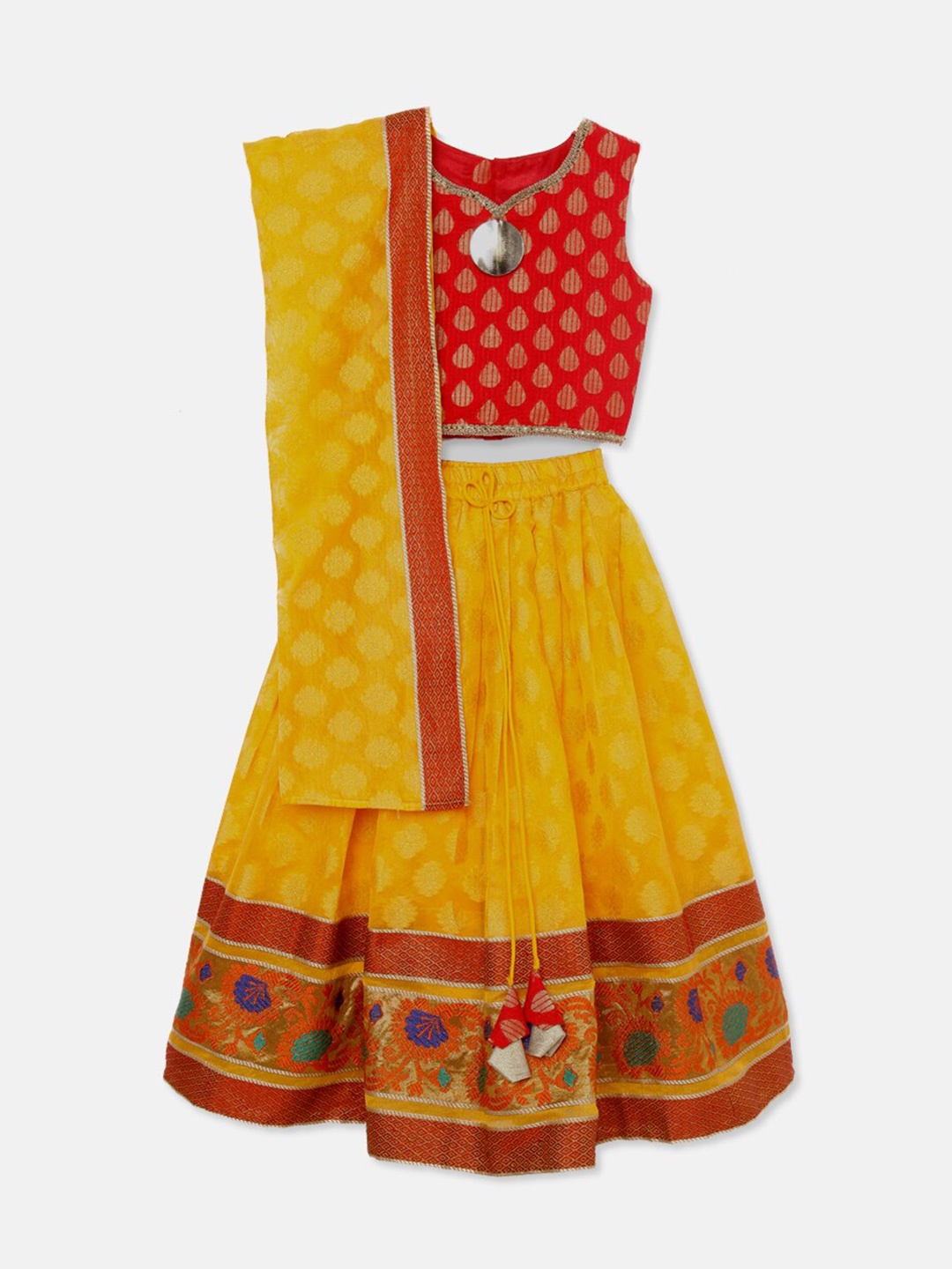 

SALWAR STUDIO Girls Red & Yellow Ready to Wear Lehenga & Blouse With Dupatta