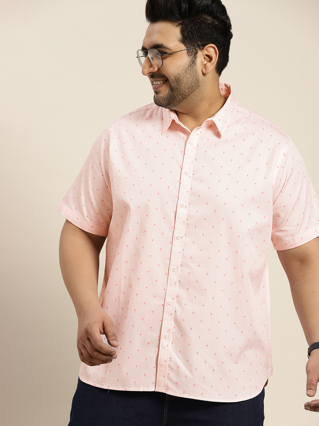 

Sztori Men Plus Size Pink & White Striped Pure Cotton Casual Shirt