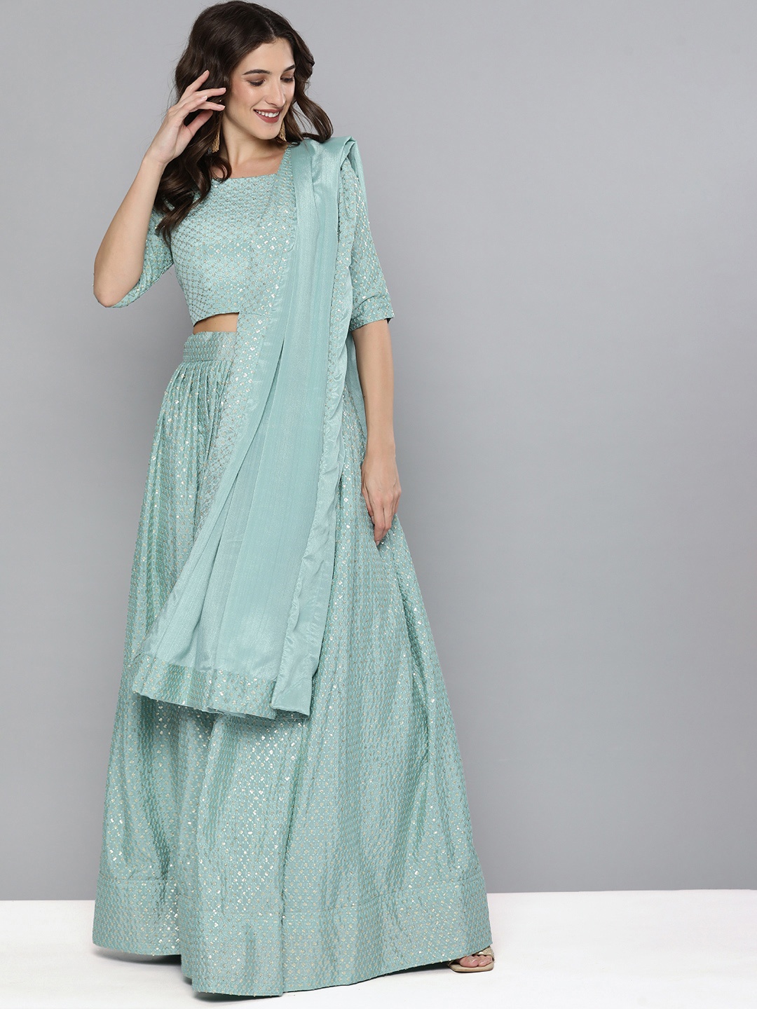 

Kvsfab Turquoise Blue Embroidered Semi-Stitched Lehenga & Unstitched Blouse With Dupatta