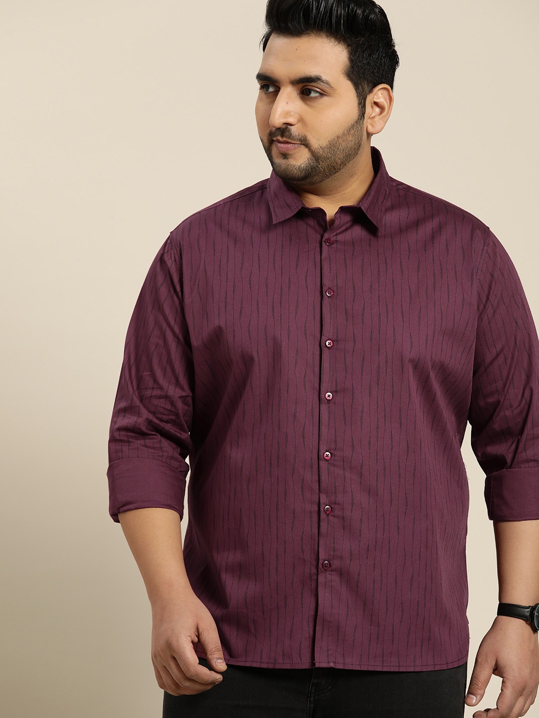 

Sztori Men Plus Size Burgundy & Black Pure Cotton Striped Casual Shirt