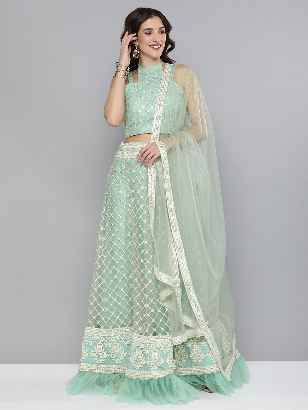 

Kvsfab Turquoise Blue & Cream-Coloured Embroidered Sequinned Semi-Stitched Lehenga & Unstitched Blouse With