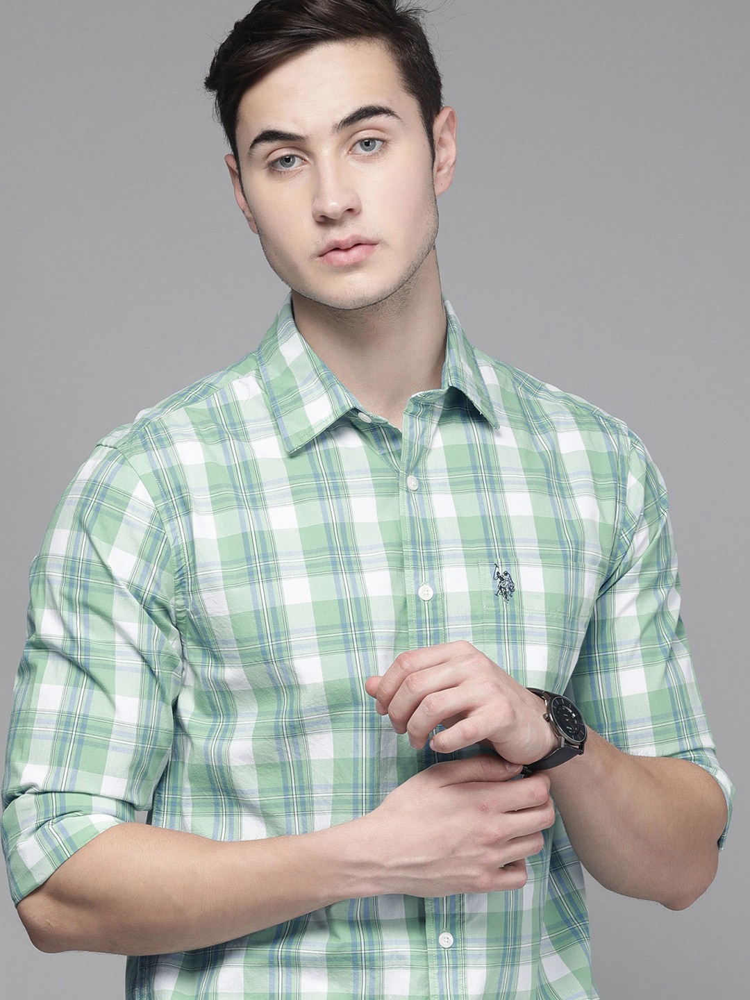 

U S Polo Assn Men Green And White Tailored Fit Tartan Checked Pure Cotton Casual Shirt