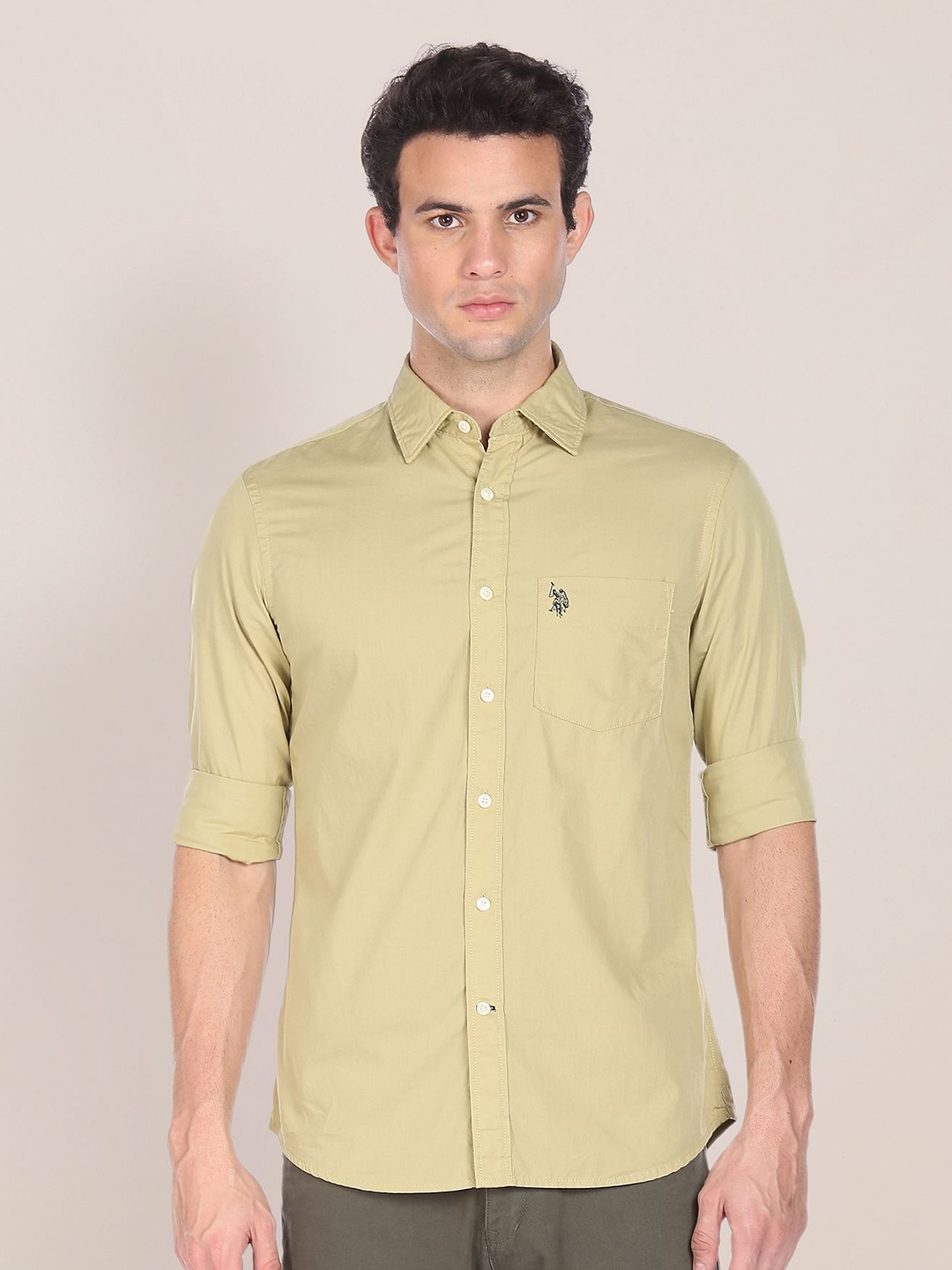 

U S Polo Assn Men Beige Solid Tailored Fit Formal Shirt
