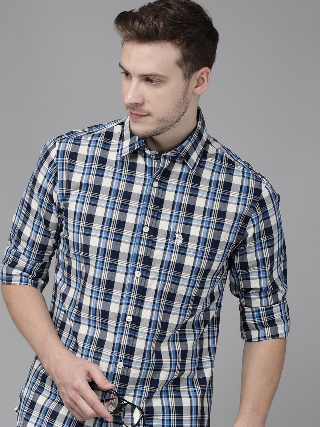 

U S Polo Assn Men Navy Blue Tailored Fit Tartan Checked Pure Cotton Casual Shirt