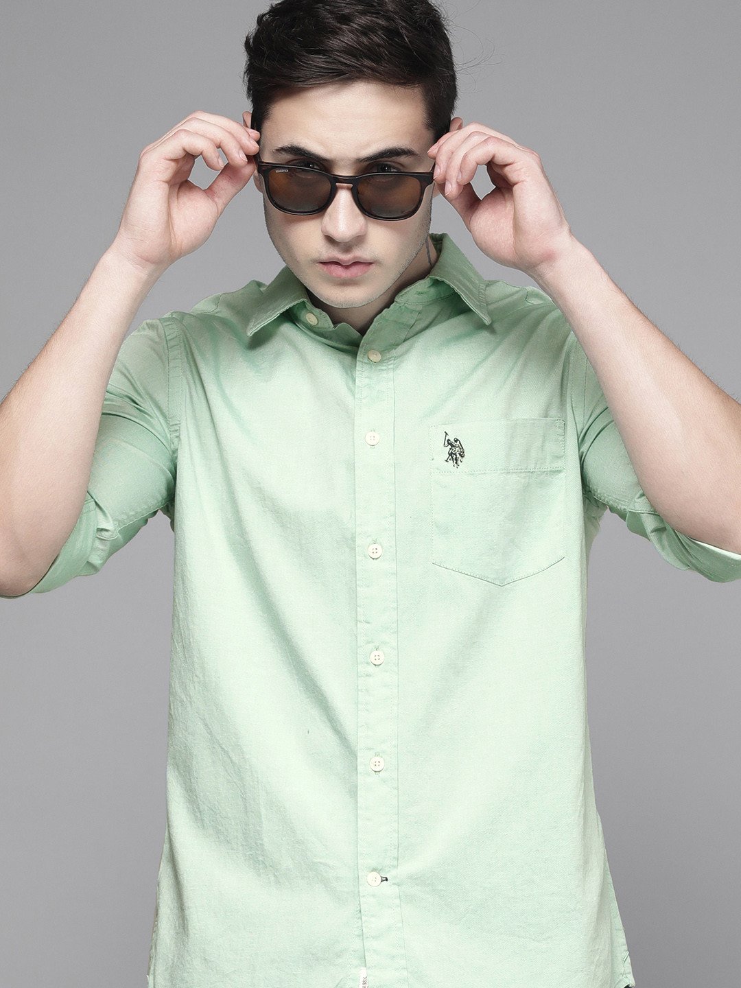 

U S Polo Assn Men Light Green Solid Tailored Fit Pure Cotton Casual Shirt