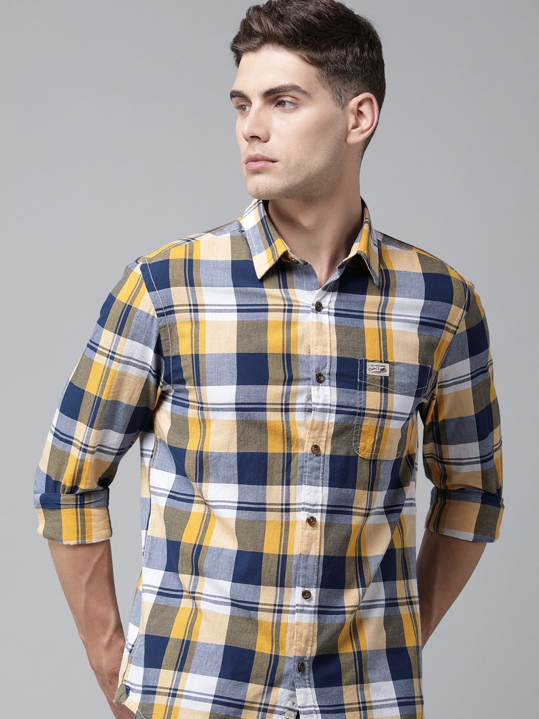 

U S Polo Assn Denim Co Men Yellow & Blue Checked Pure Cotton Casual Shirt
