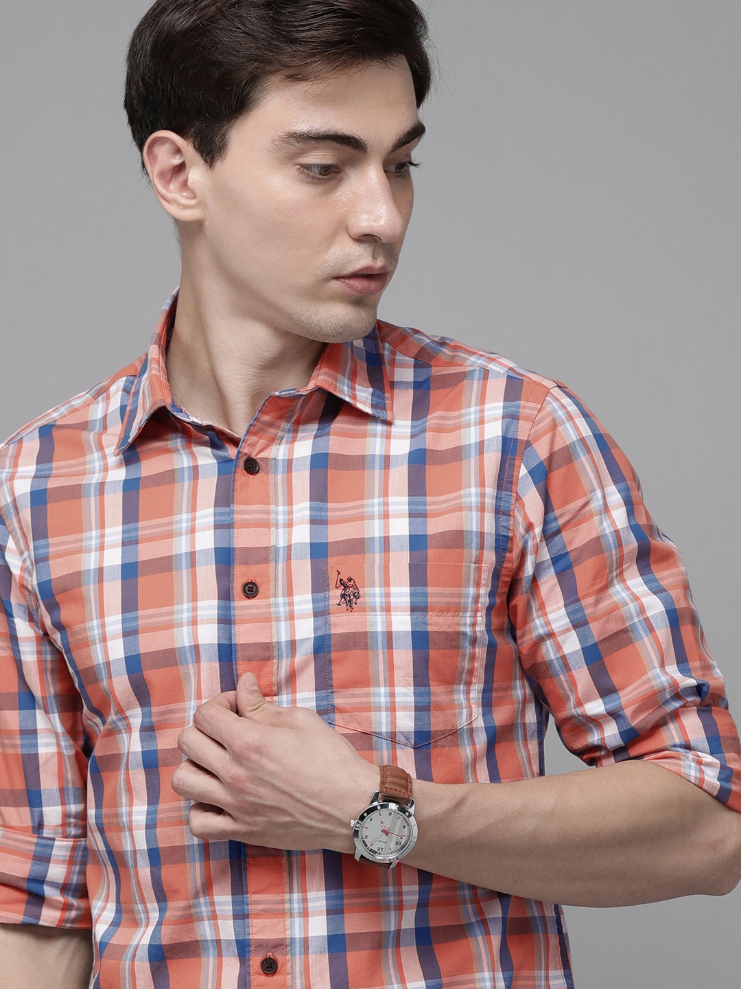 

U S Polo Assn Men Orange Tartan Checked Pure Cotton Casual Shirt