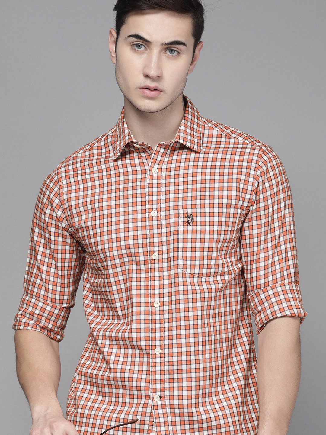 

U S Polo Assn Men Orange Tailored Fit Micro Checked Pure Cotton Casual Shirt