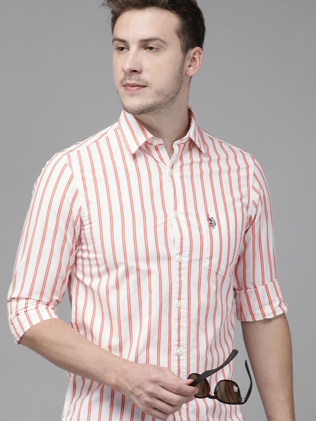 

U S Polo Assn Men Red & White Tailored Fit Striped Casual Shirt