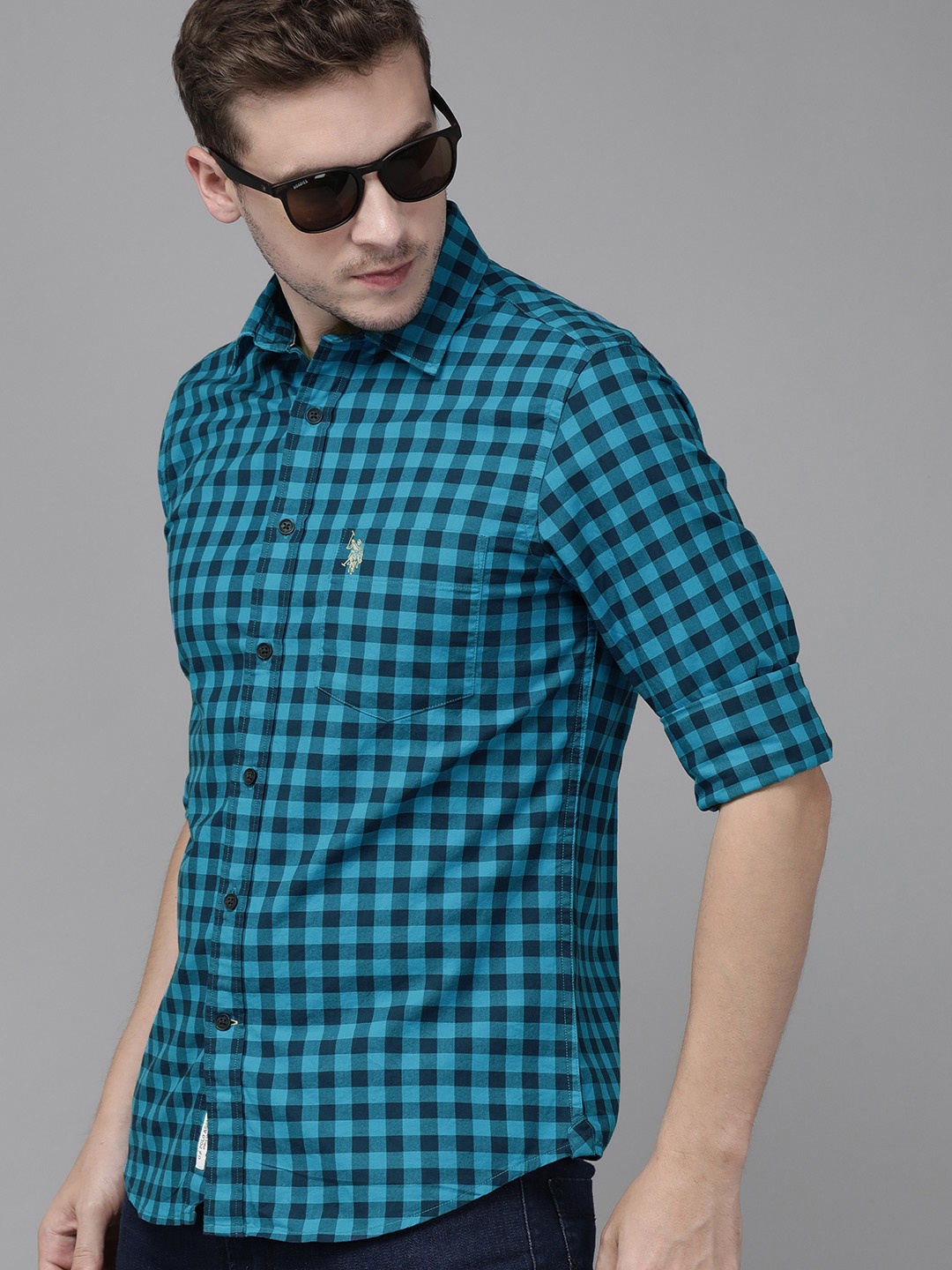 

U S Polo Assn Men Blue Tailored Fit Gingham Checks Checked Casual Shirt