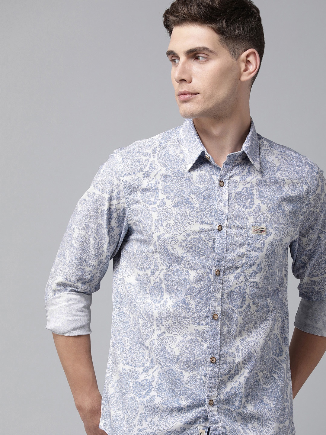 

U.S. Polo Assn. Denim Co. Men Blue & White Printed Pure Cotton Casual Shirt