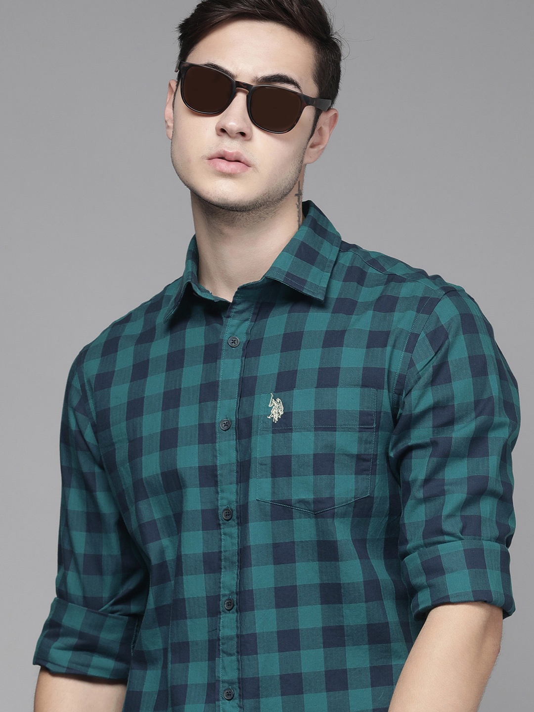 

U S Polo Assn Men Teal Tailored Fit Buffalo Checked Pure Cotton Casual Shirt