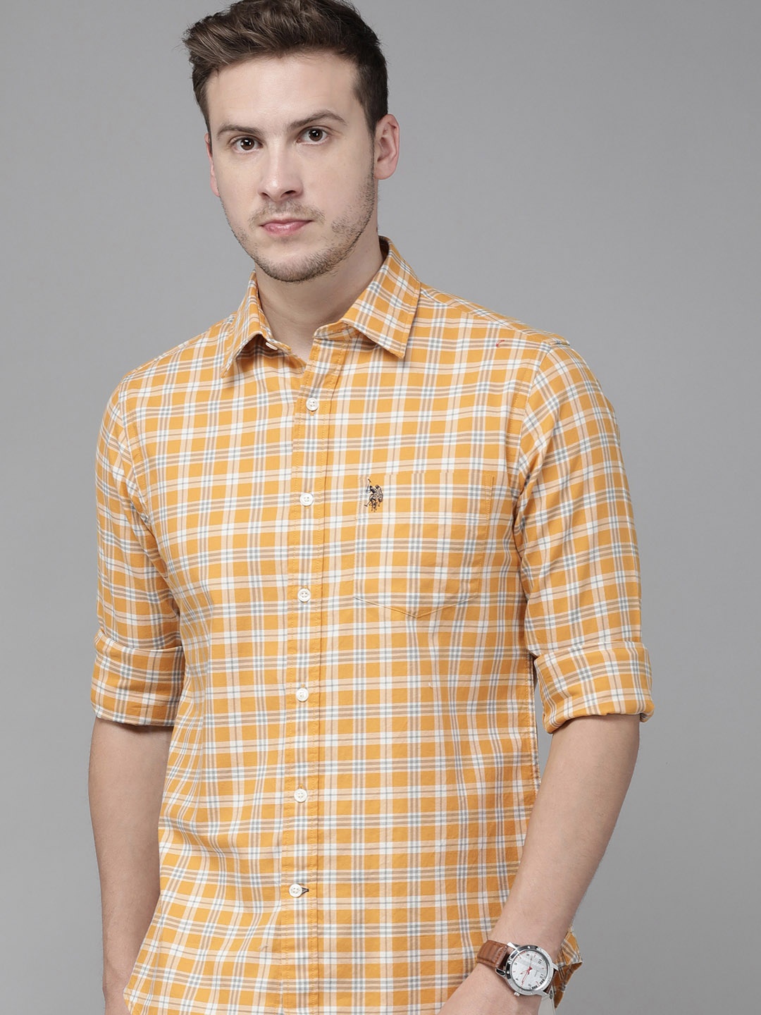 

U S Polo Assn Men Yellow & White Tailored Fit Checked Casual Shirt