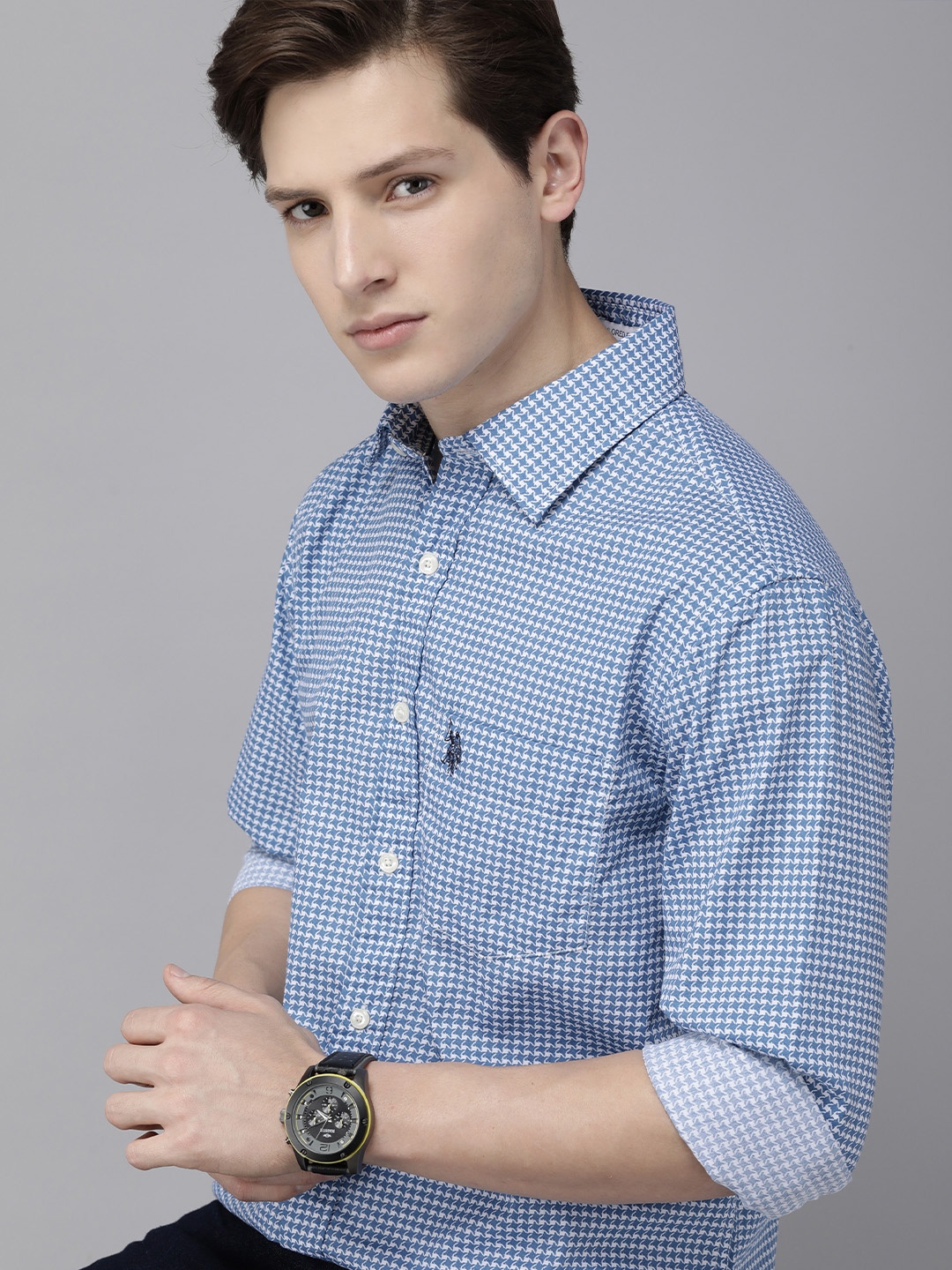 

U S Polo Assn Men Blue Tailored Fit Geometric Printed Formal Shirt