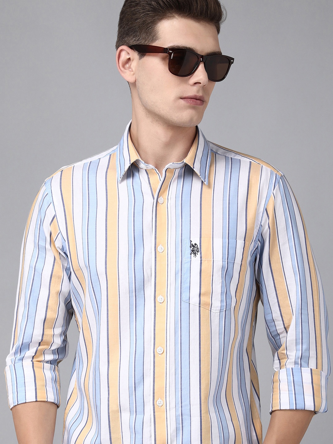 

U.S. Polo Assn. Men Yellow & Blue Multi Striped Tailored Fit Pure Cotton Casual Shirt