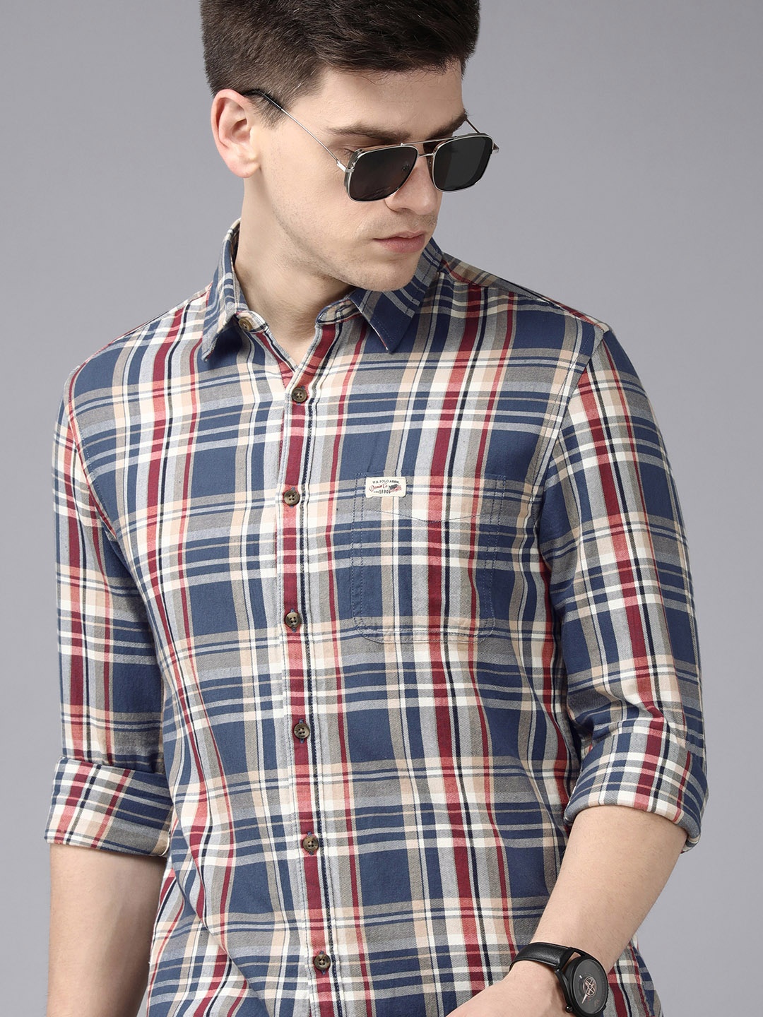 

U S Polo Assn Denim Co Men Blue Tartan Checked Pure Cotton Casual Shirt
