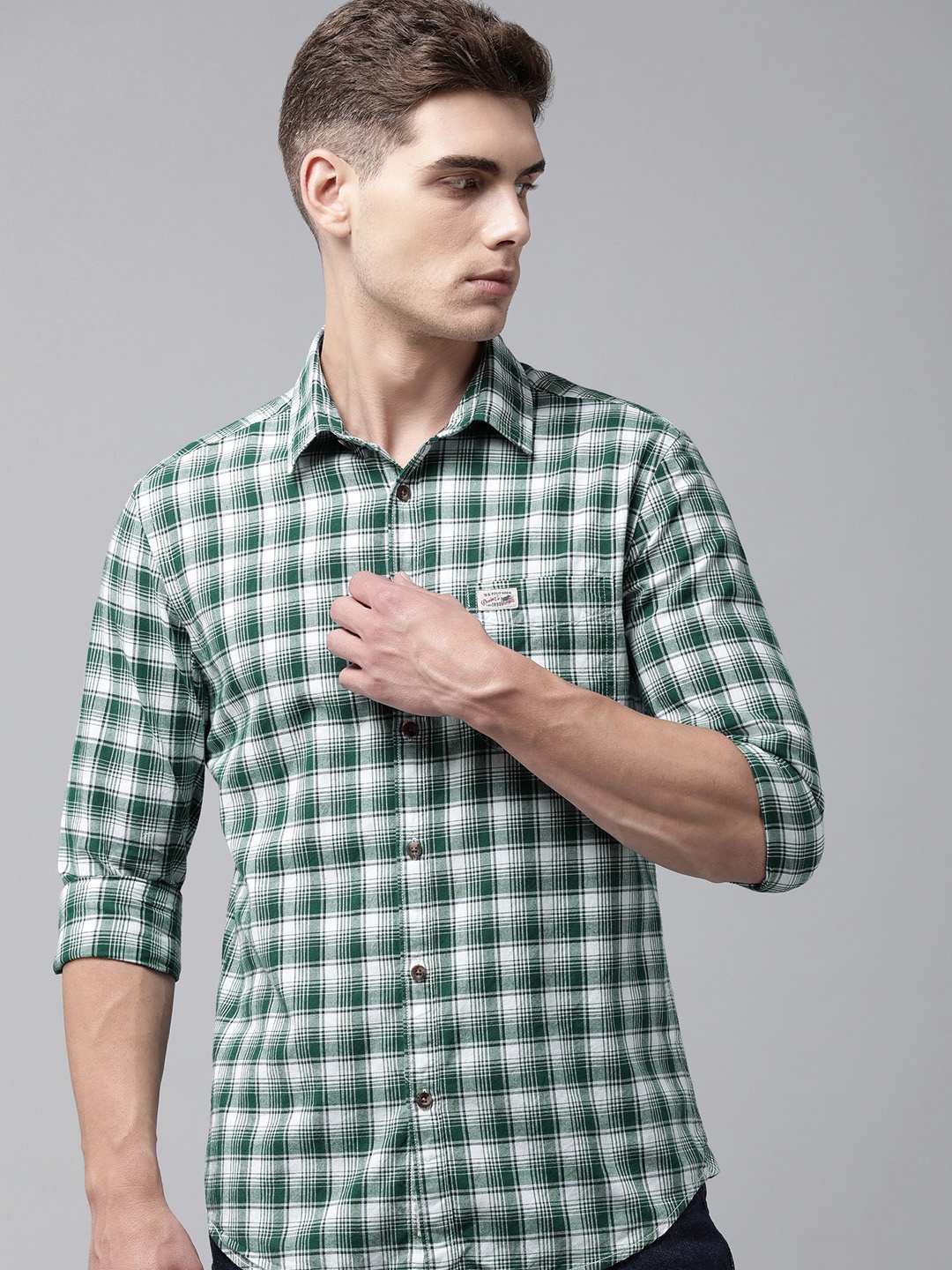 

U S Polo Assn Denim Co Men Green & White Checked Pure Cotton Casual Shirt