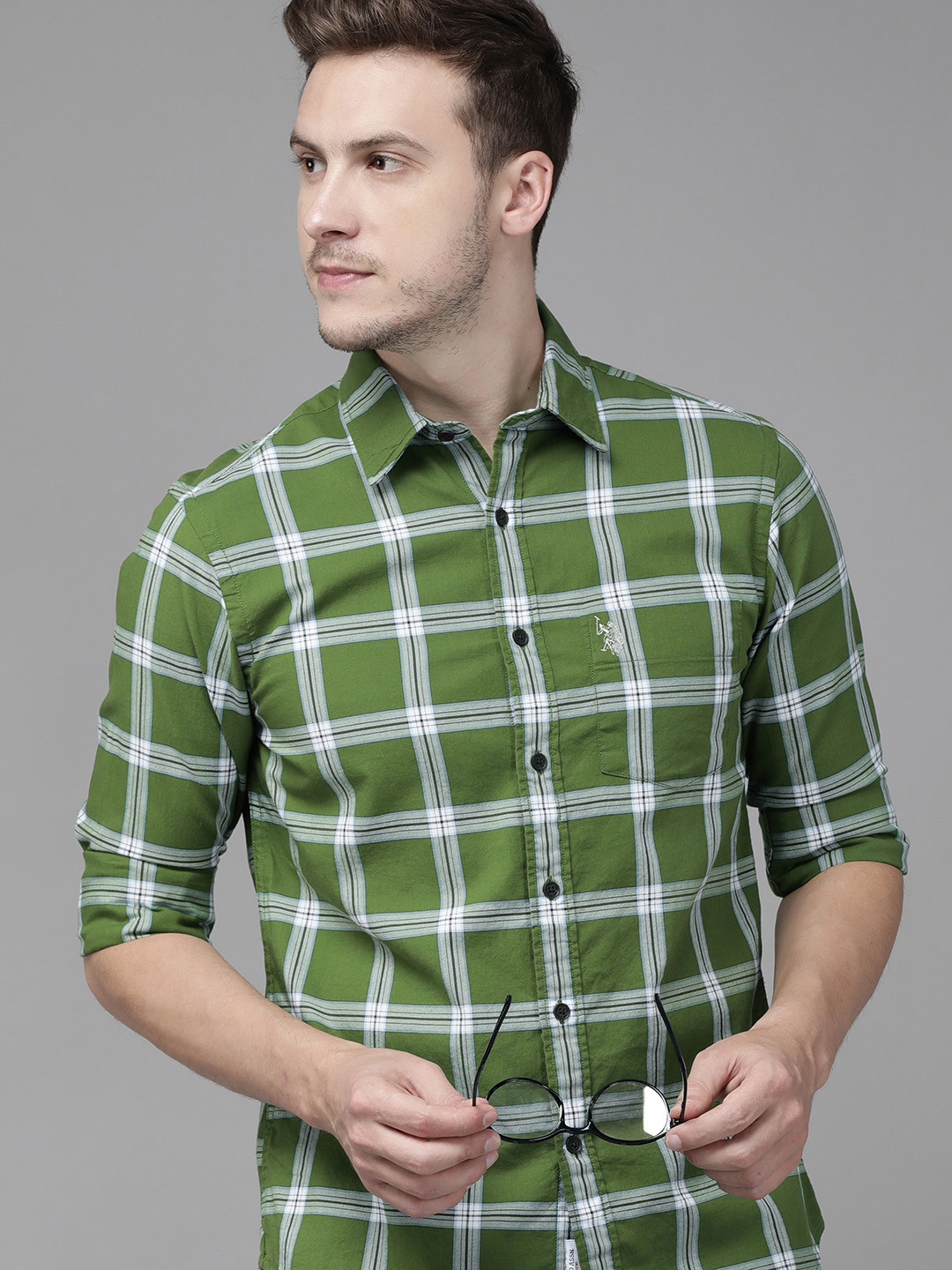 

U S Polo Assn Men Green & White Tailored Fit Tartan Checked Pure Cotton Casual Shirt