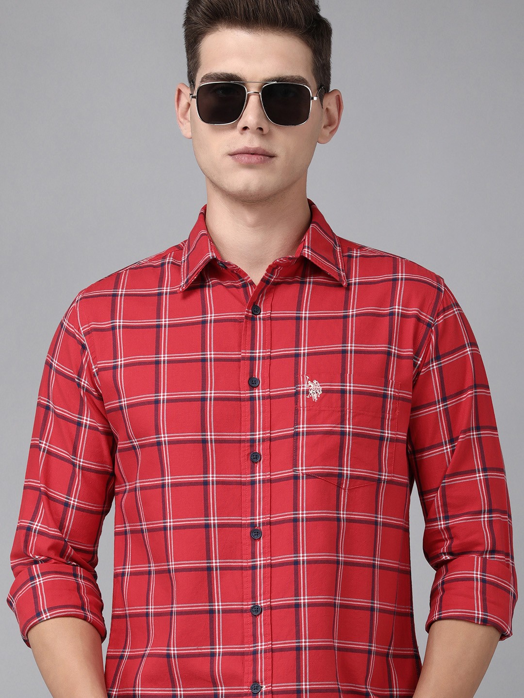 

U.S. Polo Assn. Men Red Tartan Checked Tailored Fit Pure Cotton Casual Shirt