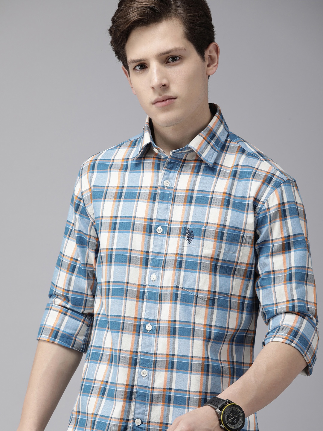 

U S Polo Assn Men Blue Tailored Fit Tartan Checked Casual Shirt