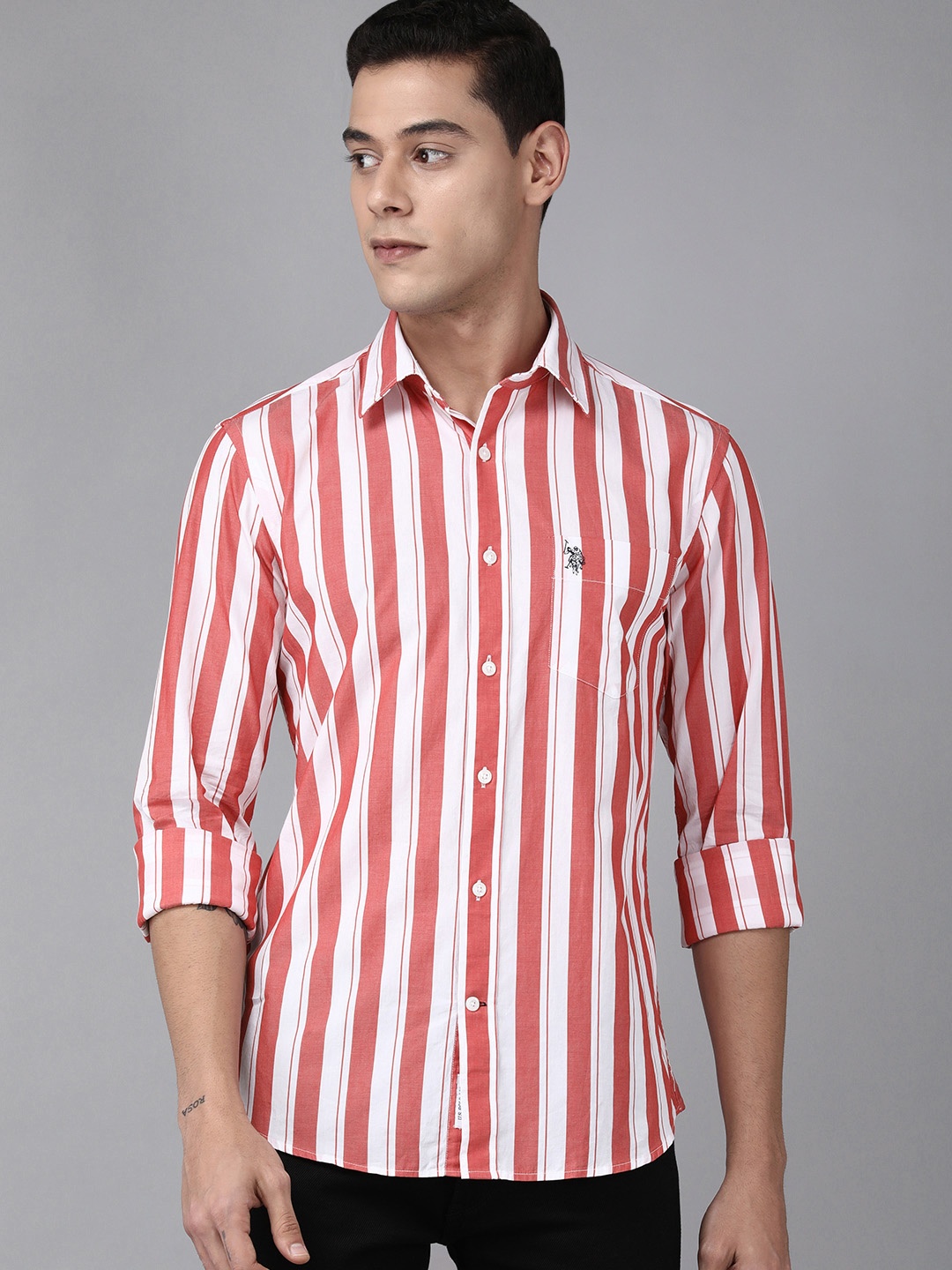 

U.S. Polo Assn. Men Red & White Striped Tailored Fit Pure Cotton Casual Shirt