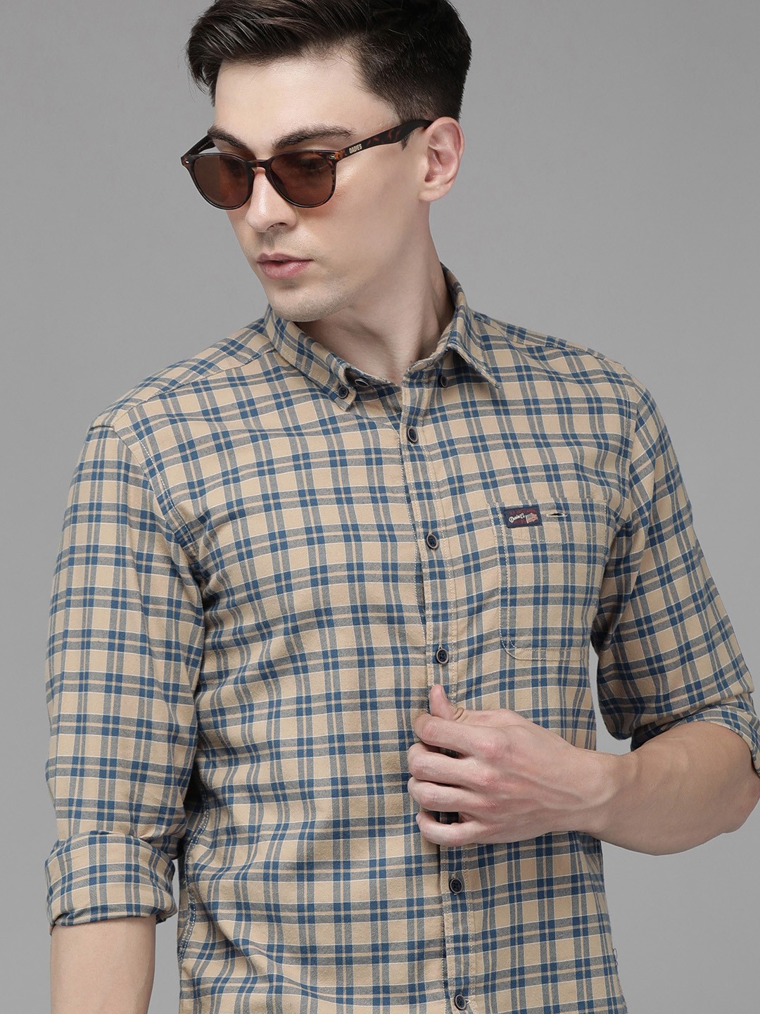 

U S Polo Assn Denim Co Men Peach-Coloured Windowpane Checks Casual Shirt