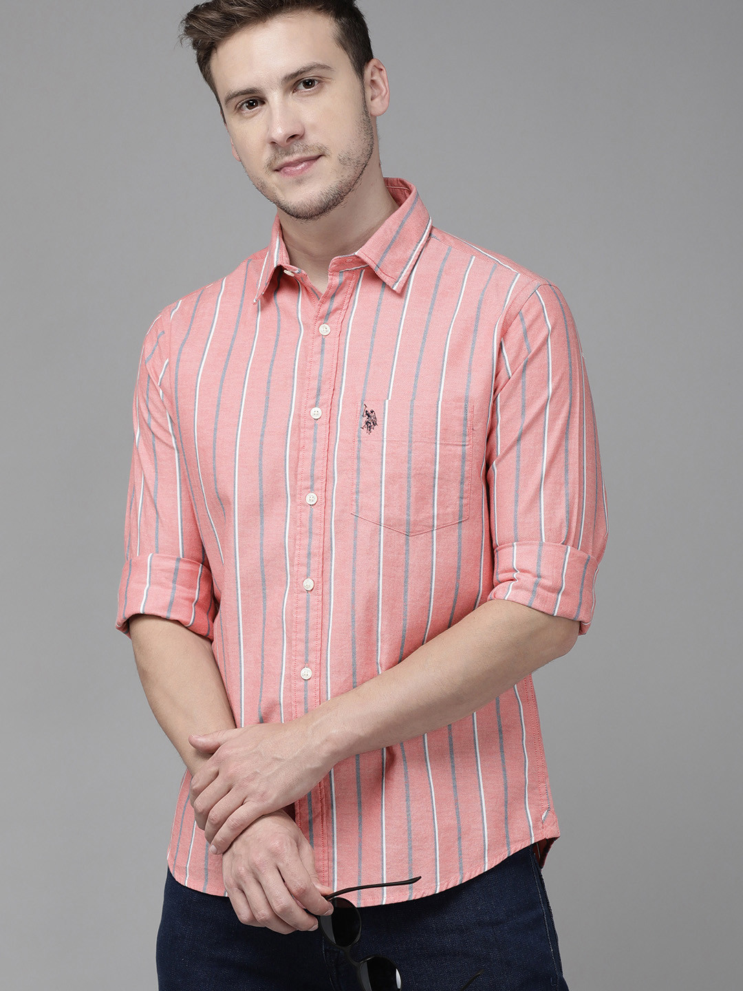 

U S Polo Assn Men Red & White Tailored Fit Striped Pure Cotton Casual Shirt