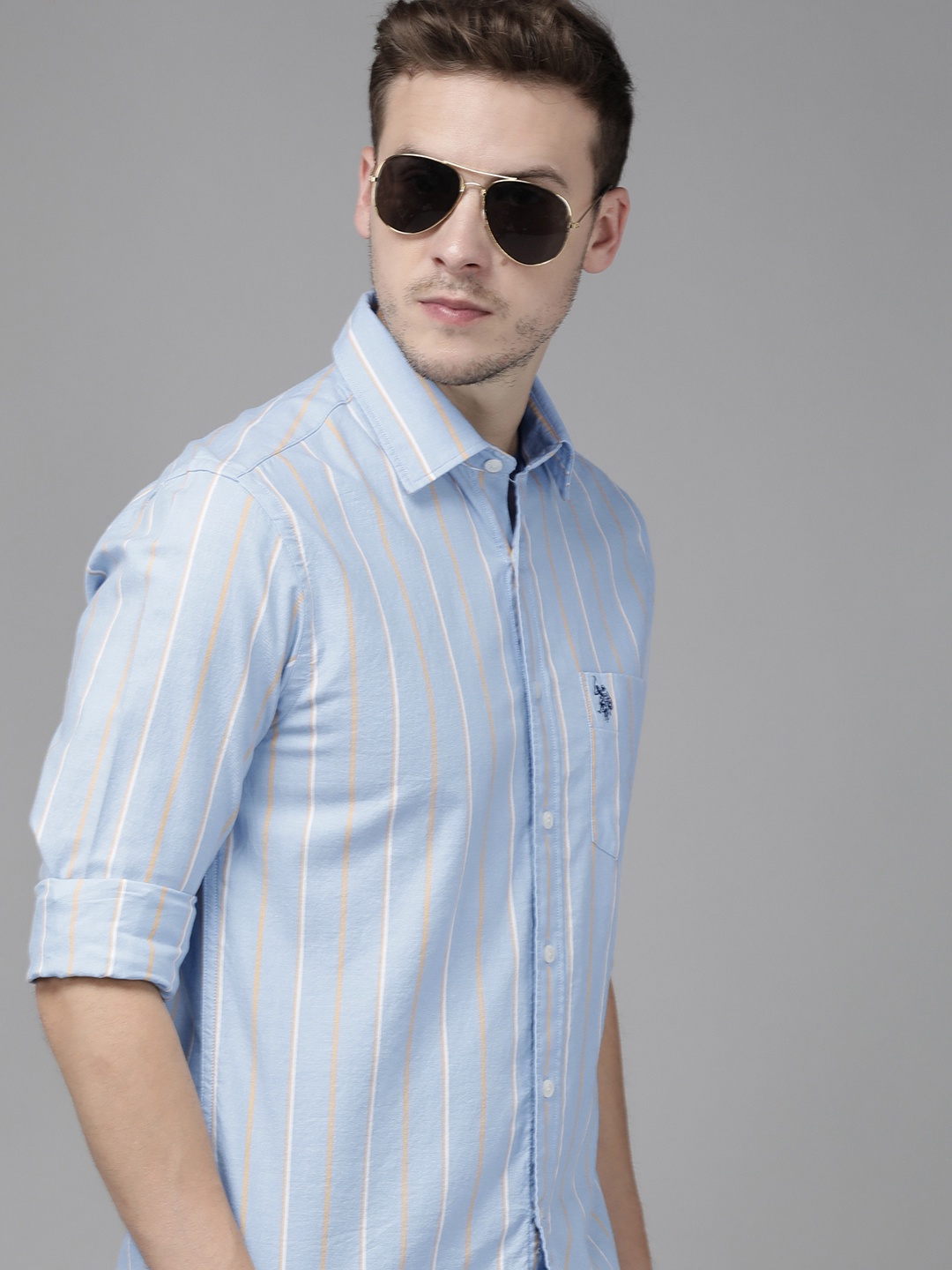 

U S Polo Assn Men Blue & Yellow Tailored Fit Striped Pure Cotton Casual Shirt