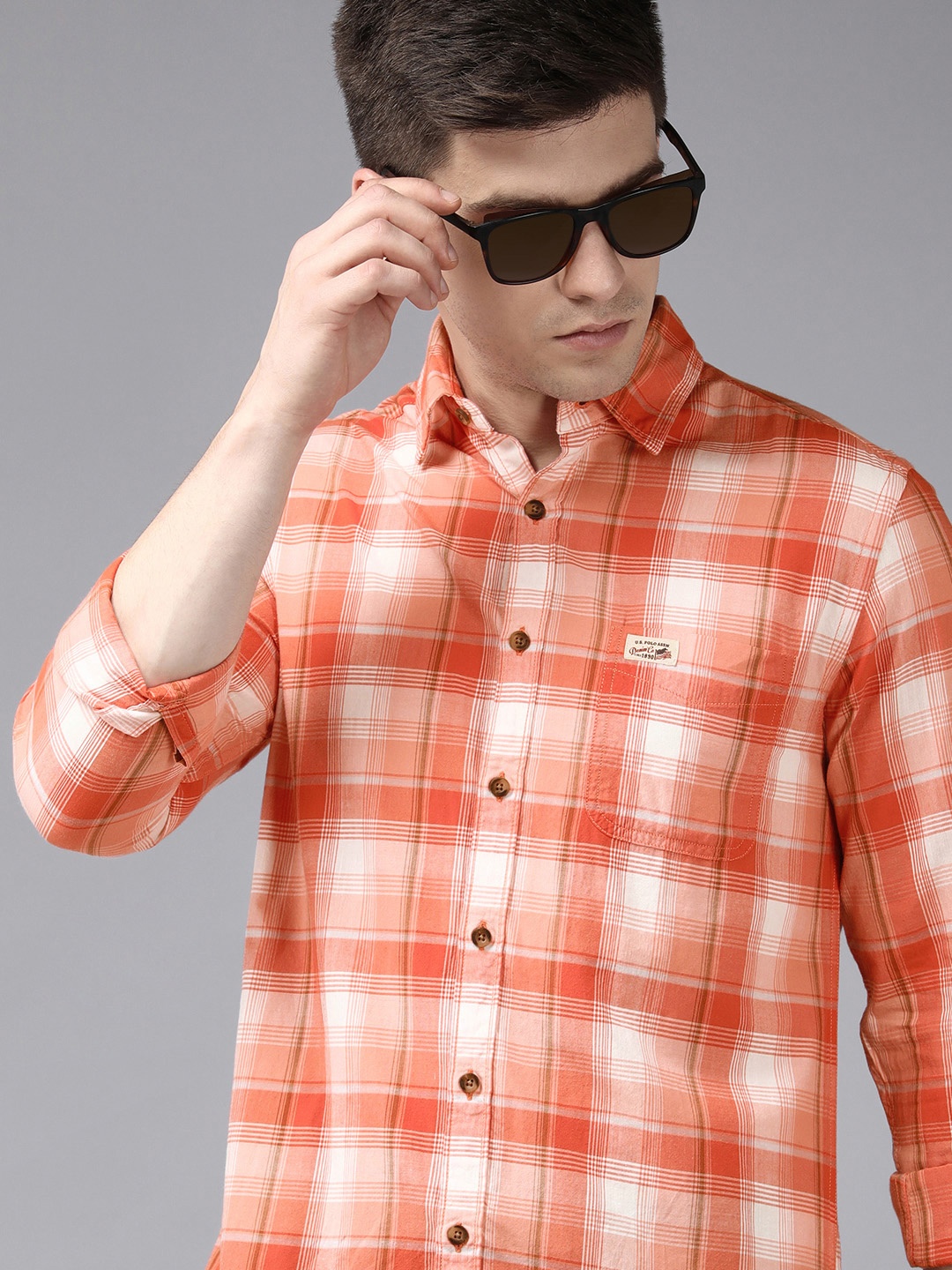 

U S Polo Assn Denim Co Men Orange Tartan Checked Pure Cotton Casual Shirt