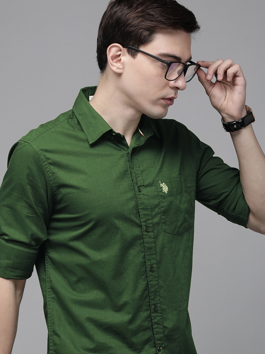 

U S Polo Assn Men Green Solid Casual Shirt