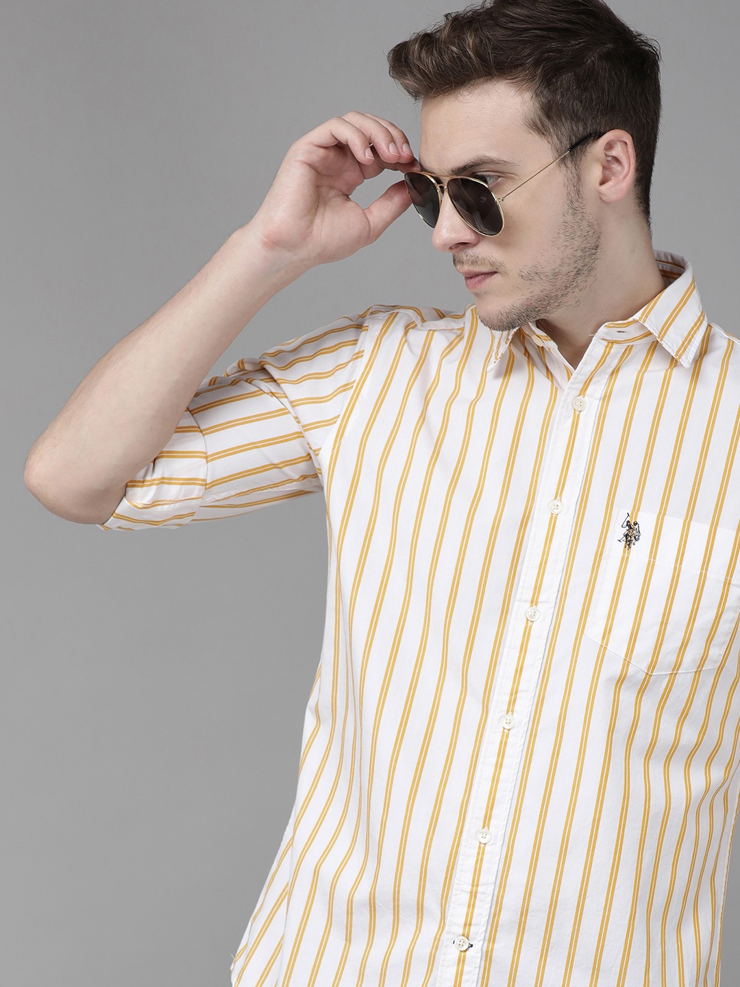 

U S Polo Assn Men Mustard And White Tailored Fit Striped Pure Cotton Casual Shirt